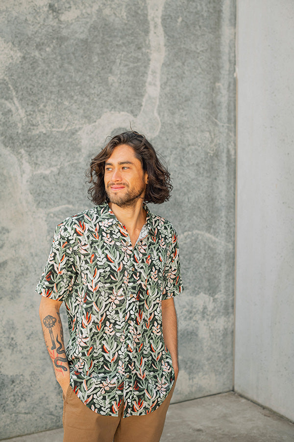 Stylish short sleeve shirt with detailed Protea flower design, perfect for events
