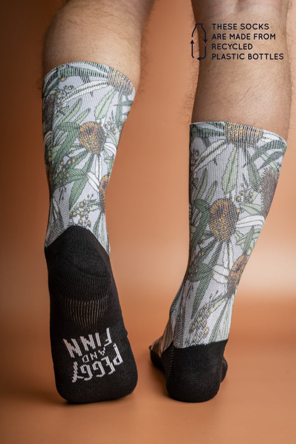 Recycled polyester socks in grey, adorned with an artistic Banksia flora print, blending eco-consciousness with Australian heritage