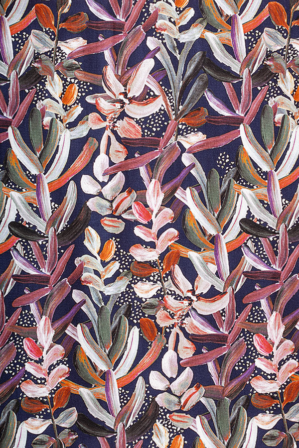 Simple yet striking print featuring white and pink protea flowers set against a deep navy background, capturing the flower&#39;s unique elegance