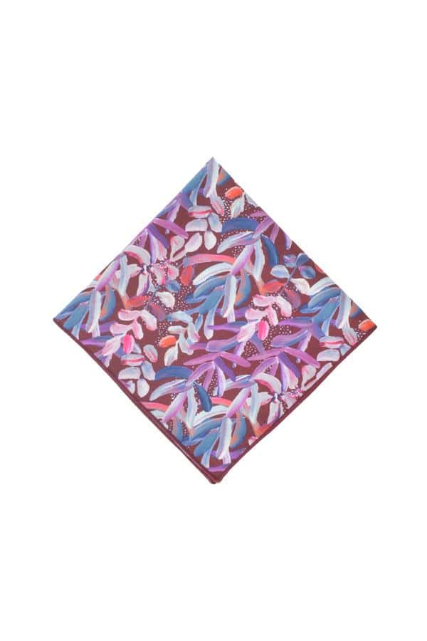 Chic pocket square in deep burgundy featuring unique white protea flower illustrations, ideal for weddings and upscale events